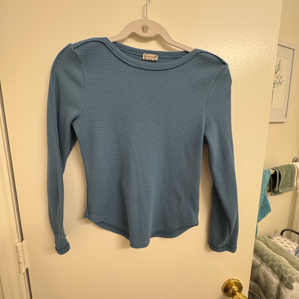 Free People Blue Long Sleeve Waffle Knit Top